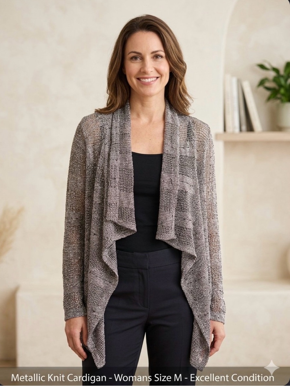 Metallic Gray Knit Draped Cardigan - Women's